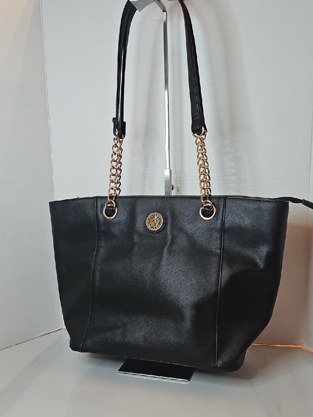 Anne Klein Black Tote with Gold Chain Accents